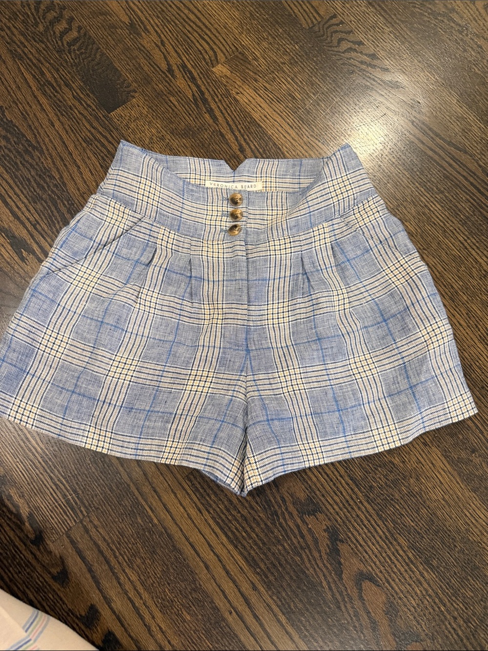Veronica Beard Light Blue and Cream Plaid High-Waist Shorts